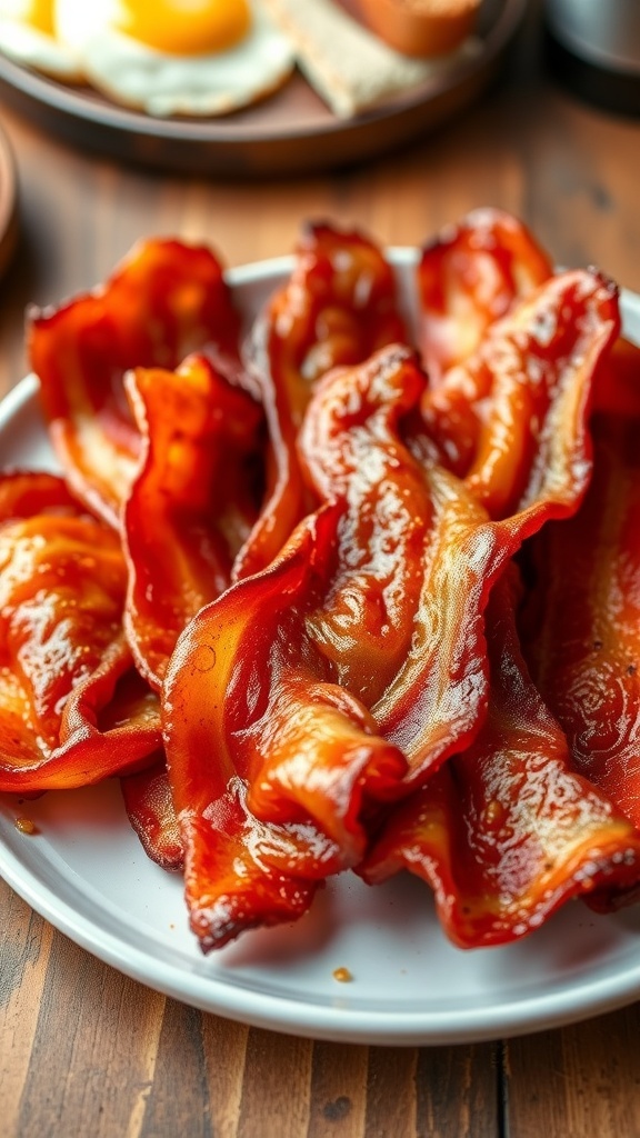 Perfectly Cooked Air Fryer Bacon Recipe Crispy air fryer bacon on a plate, with eggs and toast in the background.